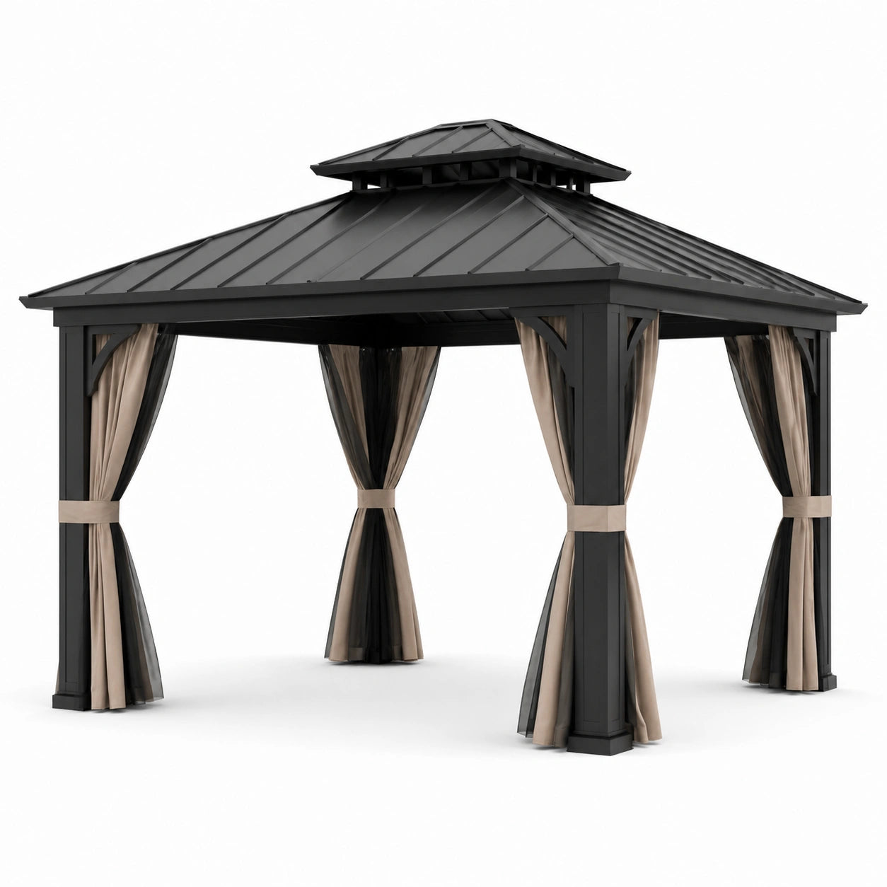 Gartenpavillon Aluminium und Stahl mit Polyester Vorhängen, Schwarz/Beige, 300x300x280 cm