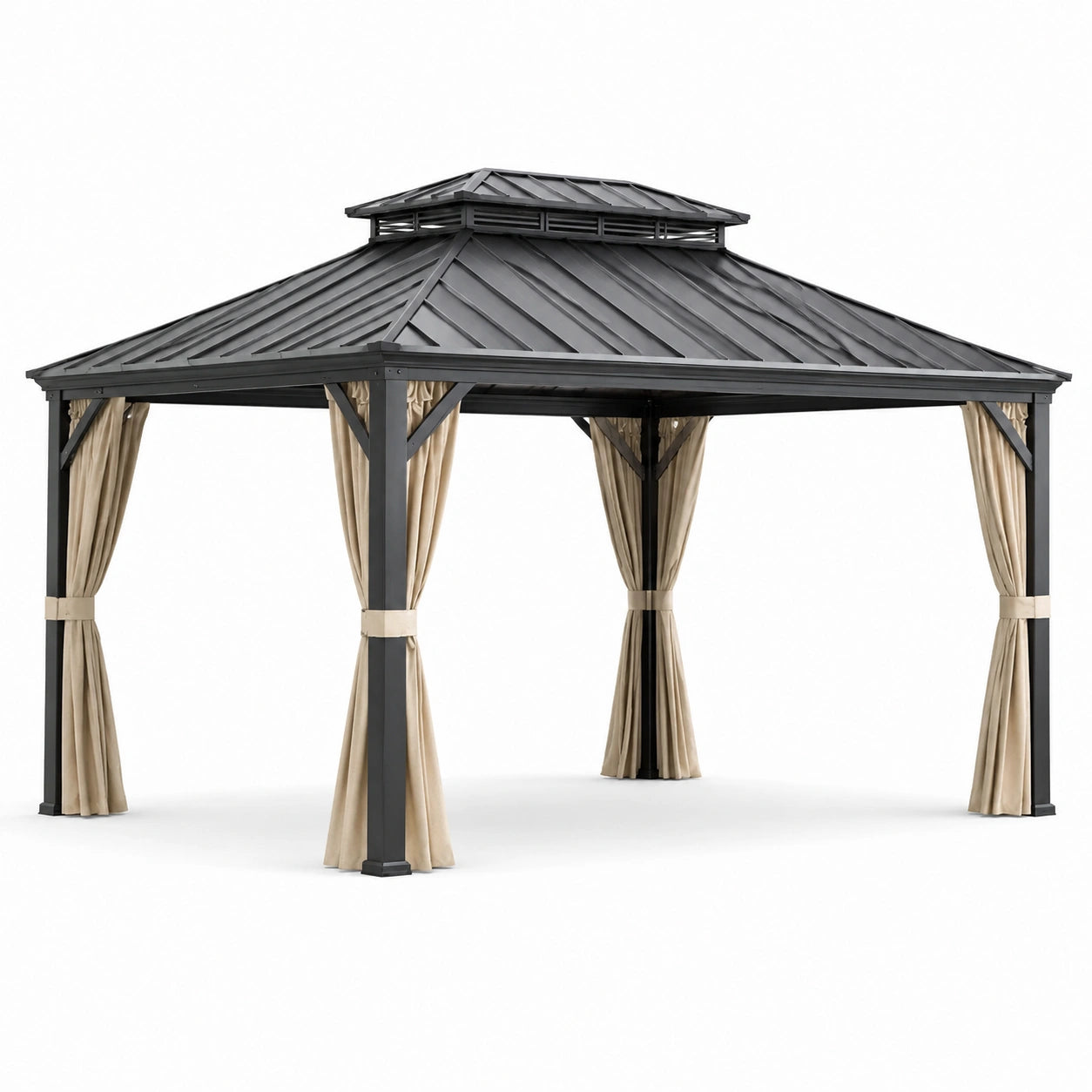 Aluminium Gartenpavillon mit Stahldach und beigen Vorhängen