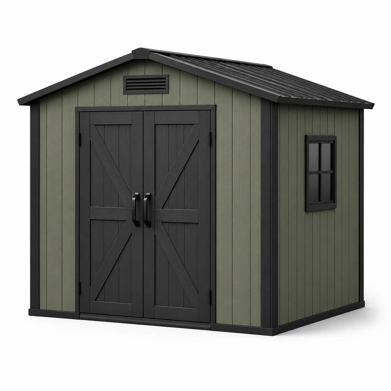 Kunststoff Gartenhaus 245x245x250 cm Olivgrün/Schwarz mit Doppeltür und Fenster