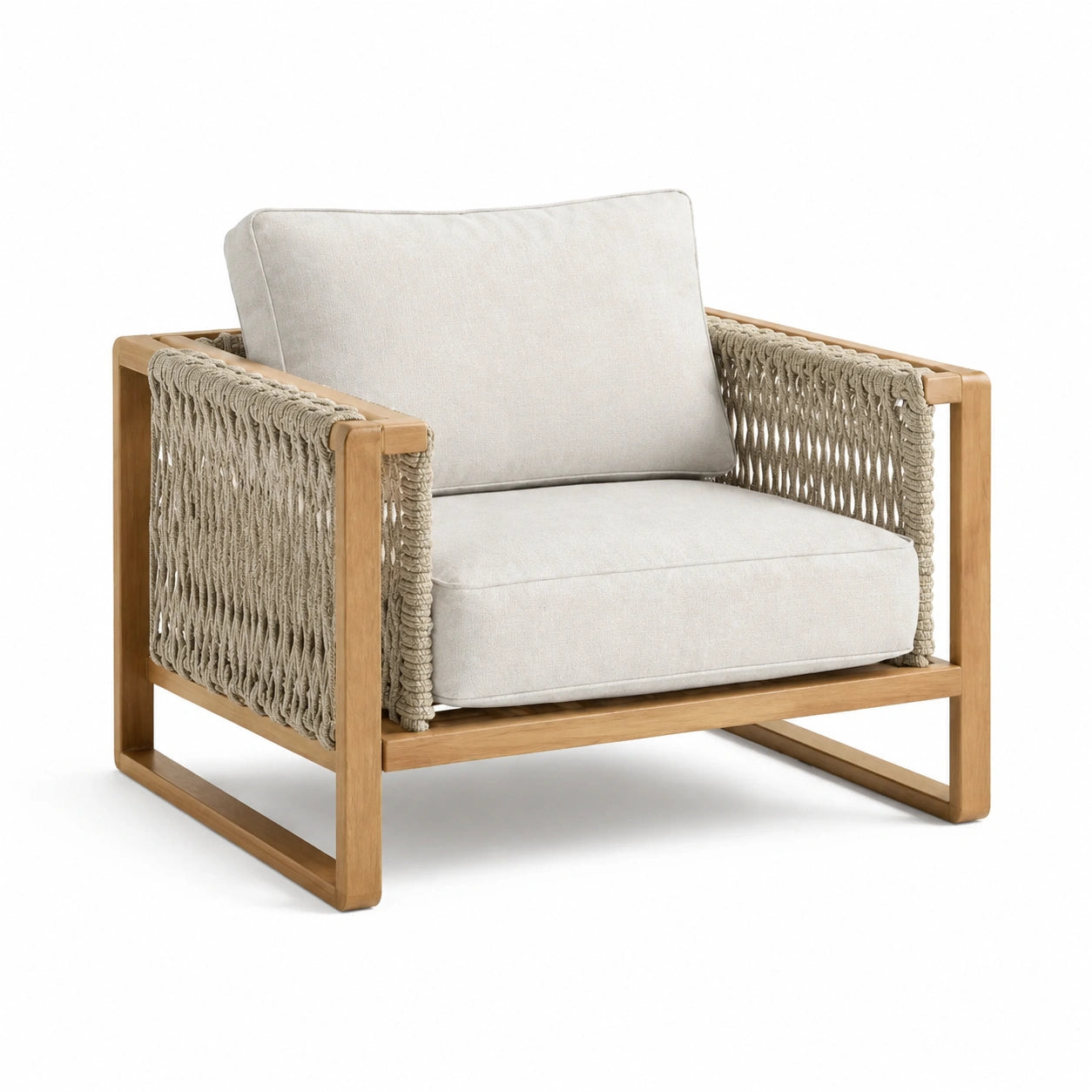Teakholz Sessel mit Polypropylenseil Geflecht Beige