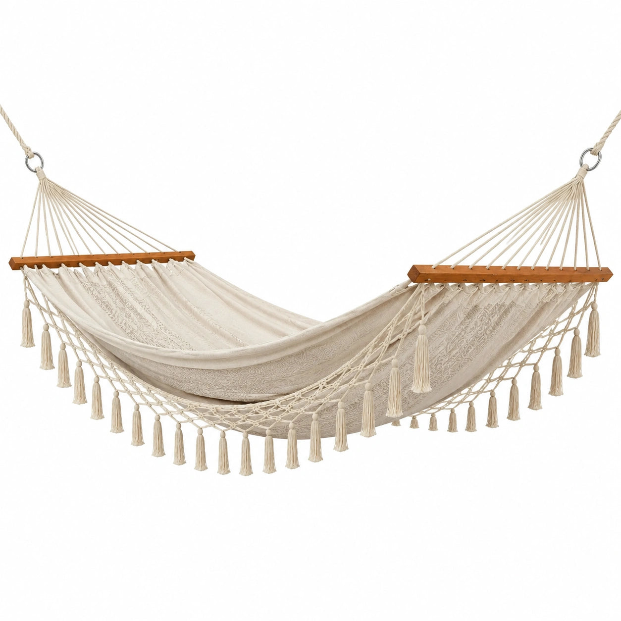 Baumwoll-Hängematte mit Holzstreben, Beige, 200x150 cm