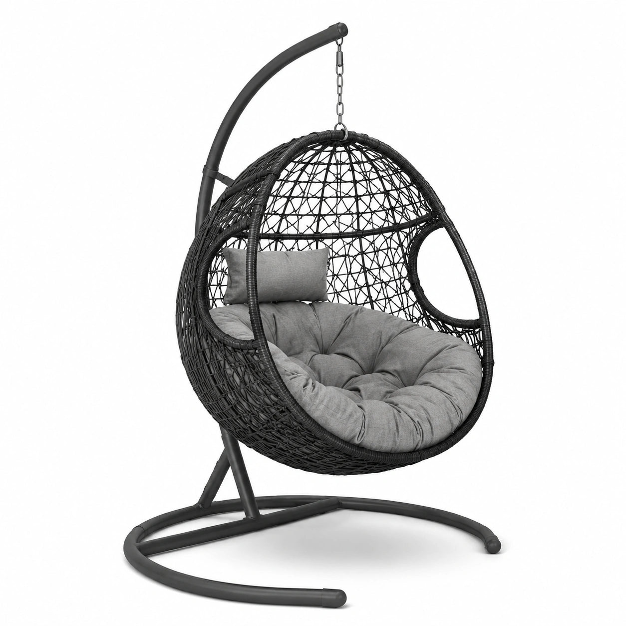 Rattan-Hängesessel mit Stahlgestell und grauen Polyesterkissen Ø 100 cm