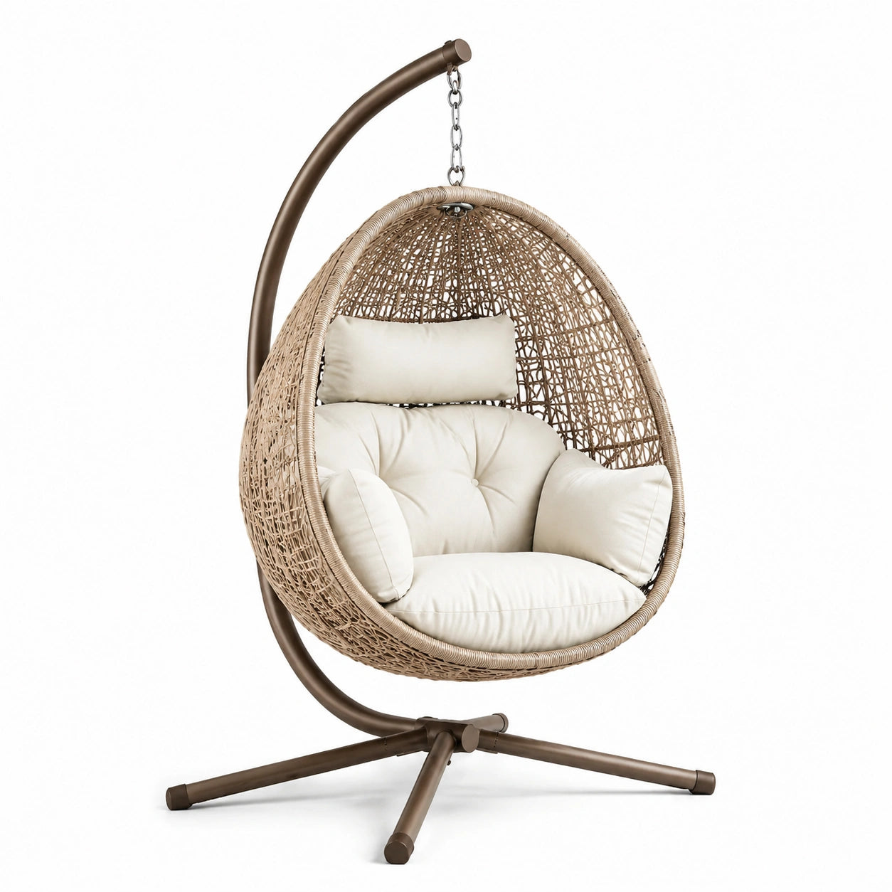Rattan Hängesessel mit Stahlgestell und Kissen Beige